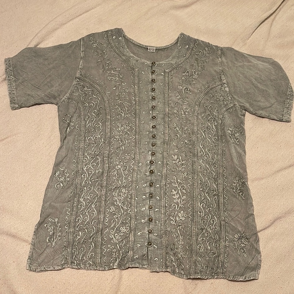 Sage Green Coastal Embroidered Blouse
